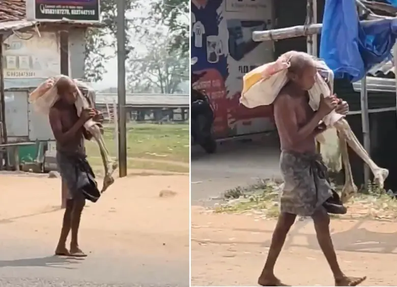 La imagen de Jeetu Munda llevando el cadáver de su hermana a un banco en India. FOTOS: Capturas de video