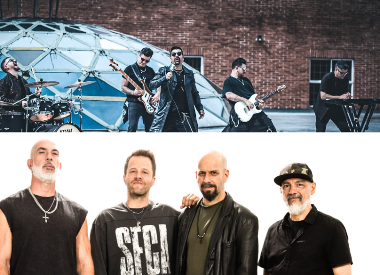 En la foto de arriba, de izquierda a derecha, los actuales Ekhymosis: Mauricio Estrada, David Sánchez, Julián Orrego, James Agudelo y Diego Gómez. En la foto de abajo los Ekhymosis de los 90, de izquierda a derecha: Toby Tobón, Sebastián Yepes, José Lopera y Andy García. FOTO: Cortesía Ekhymosis y Xmosis: El Origen.