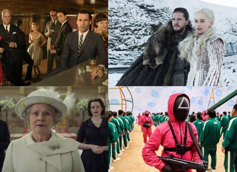 Mad Men, Juego de tronos, The Crown y El juego del calamar hacen parte del listado de las mejores 100 series del siglo XXI de The New York Times. FOTO: AMC, HBO Max y Netflix.