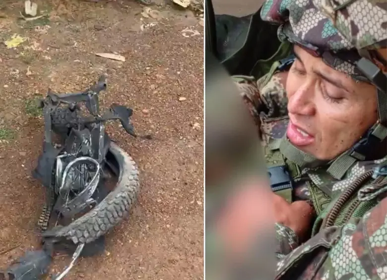 Dos soldados terminaron en heridos tras la detonación de una motobomba en Calamar, Guaviare. FOTOS: Tomadas de redes sociales - @GuaviareEstereo