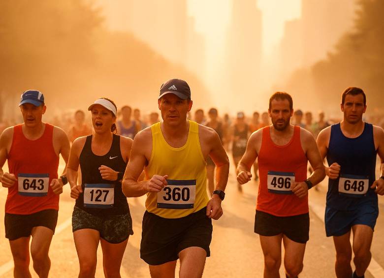 Corredores enfrentan temperaturas cada vez más altas en las principales maratones del mundo, una consecuencia directa del cambio climático. FOTO creada con inteligencia artificial 