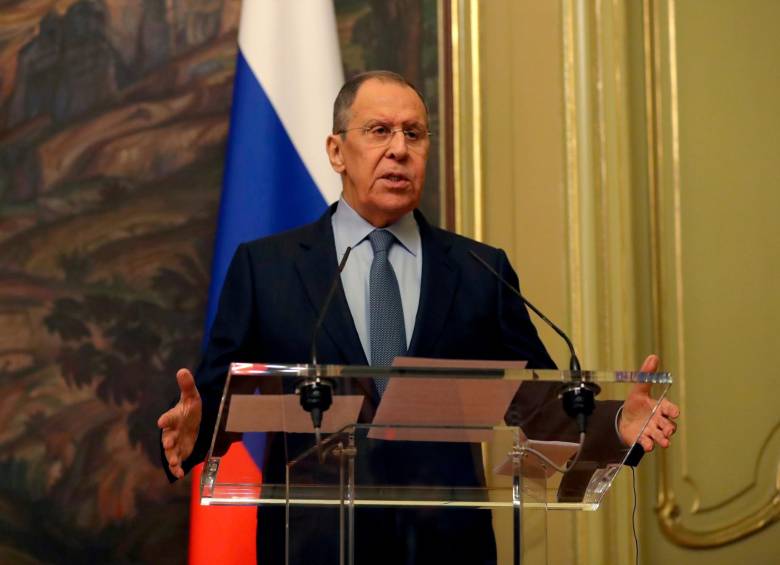 Ministro de Exteriores de Rusia, Serguéi Lavrov, en rueda de prensa durante la visita del secretario general de Naciones Unidas, Antonio Guterres. FOTO EFE