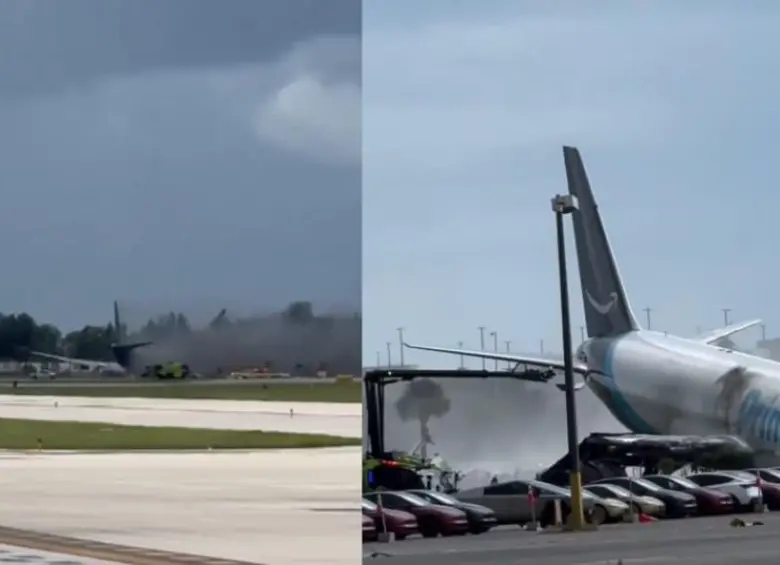 El avión de carga Boeing 767-300 terminó fuera de la pista y envuelto en llamas tras aterrizar en el Aeropuerto Internacional de Miami. El accidente provocó el despliegue de decenas de unidades de emergencia. FOTO: Redes sociales. 
