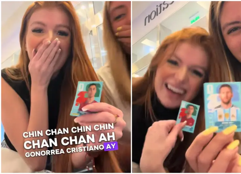 Las niñas mostrando que les salió Messi y Cristiano en un mismo sobre. FOTO: Captura de video de redes sociales @fab_guerrero12