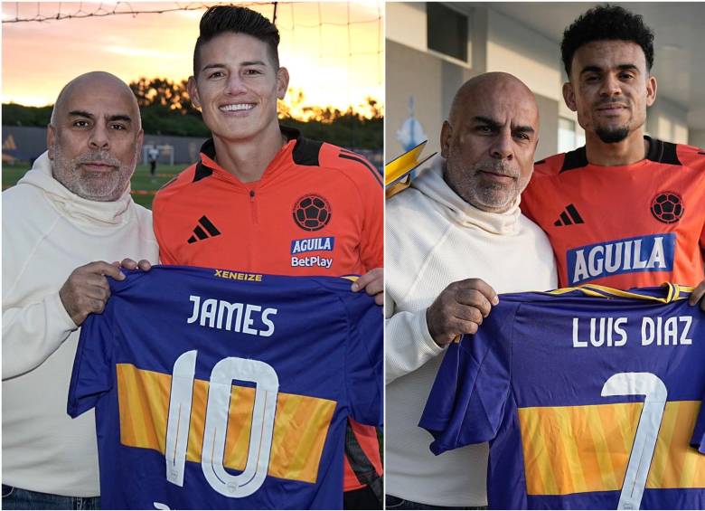 Mauricio ‘El Chicho’ Serna, directivo de Boca Juniors, posando junto a James Rodríguez y Luis Díaz con la camiseta del club ‘Xeneixe’. FOTO: REDES SOCIALES BOCA JUNIORS