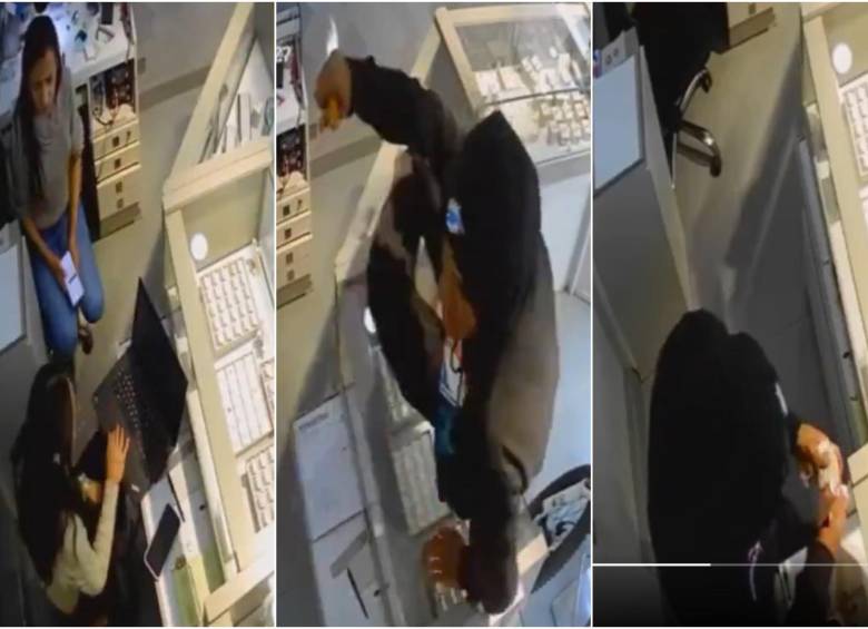 En las imágenes se ve una secuencia de los hechos que dejaron al ladrón capturado por la misma comunidad que se encontraba alrededor de la joyería en el centro de Bogotá. FOTO: CAPTURA VIDEO REDES SOCIALES 