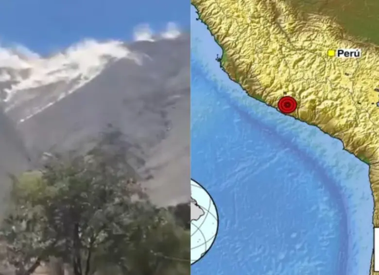Videos difundidos tras el terremoto de magnitud 7,2 registrado este jueves en Perú mostrarían un posible deslizamiento en una zona montañosa de Ayacucho. FOTO: Redes sociales, SGC.