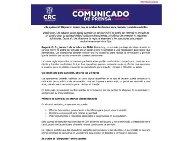 La Comisión de Regulación de Comunicaciones (CRC) anunció las nuevas reglas para facilitar la cancelación de servicios móviles y evitar transferencias, requisitos adicionales y ofertas de retención durante el trámite. FOTO: CRC.