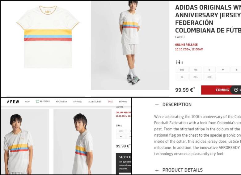 Precio de la camiseta de la Selección Colombia en la página web de AFEW STORE. FOTO: CAPTURA DE LA PÁGINA WEB AFEW STORE