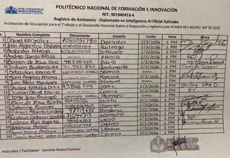 Planilla de asistencia al diplomado incorporada como evidencia de que el curso se hizo.