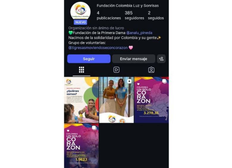 La publicación más antigua en el Instagram de la fundación fundación Colombia Luz y Sonrisas figura desde el 19 de agosto. FOTO: Captura de pantalla.