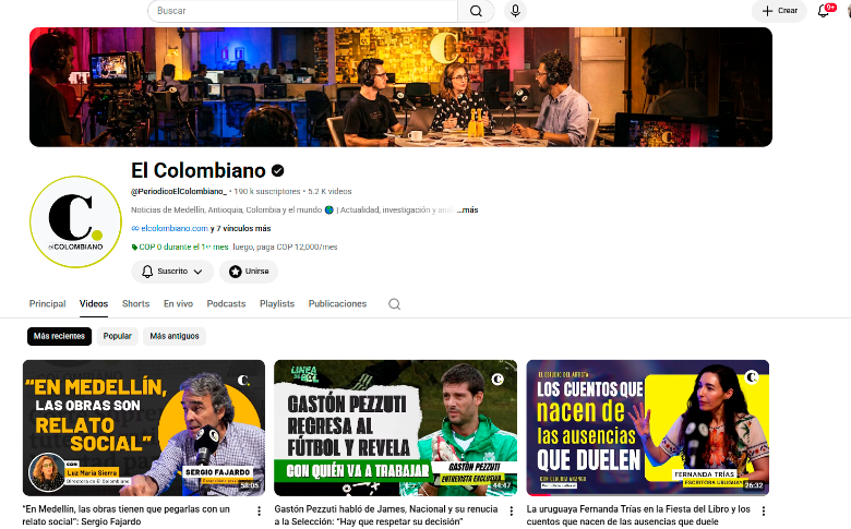 Así luce la página de EL COLOMBIANO en YouTube. FOTO Captura de pantalla.