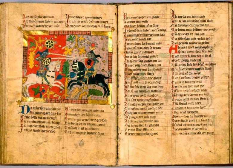 Manuscrito alemán ilustrado que contiene el romance artúrico de Wigalois. FOTO AGENCIA SINC - Leiden, Biblioteca Universitaria, Ltk 537, f. 71v-72r