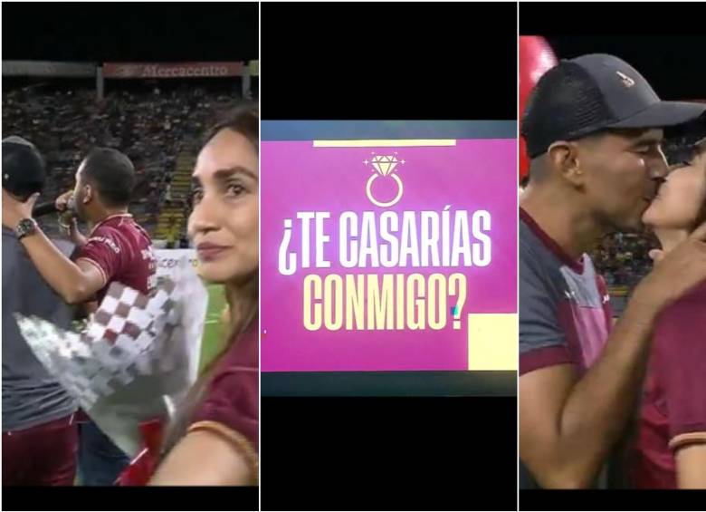 Momentos en los que la pareja estaba en la grama del estadio para la pedida de mano en medio del partido entre Tolima y Patriotas. FOTO: CAPTURA VIDEO WIN SPORTS 
