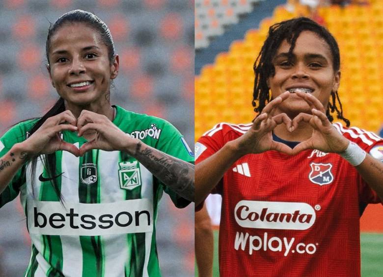 Geraldine Cardona de Nacional y Greicy Landázury celebrando un gol con sus respectivos equipos, los principales de Antioquia. FOTO: CUENTA DE X @DIM_Oficial y @naloficialfem