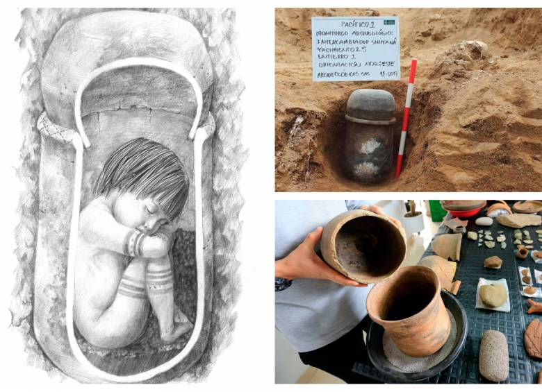 El artista Rikki Vélez dibujó la posición en la que encontraron la niña dentro de la urna funeraria. A la derecha: el lugar donde fue hallado la vasija funeraria. Abajo: la vasija donde fue encontrada la niña. FOTOS Cortesía Covipacífico y Esneyder Gutiérrez