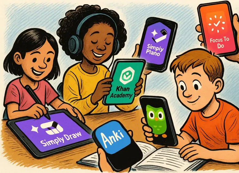 Aplicaciones educativas como Duolingo, Khan Academy y Simply Draw permiten aprender a cualquier ritmo y desde cualquier lugar, incluso sin conexión. FOTO EL COLOMBIANO/creada parcialmente con IA