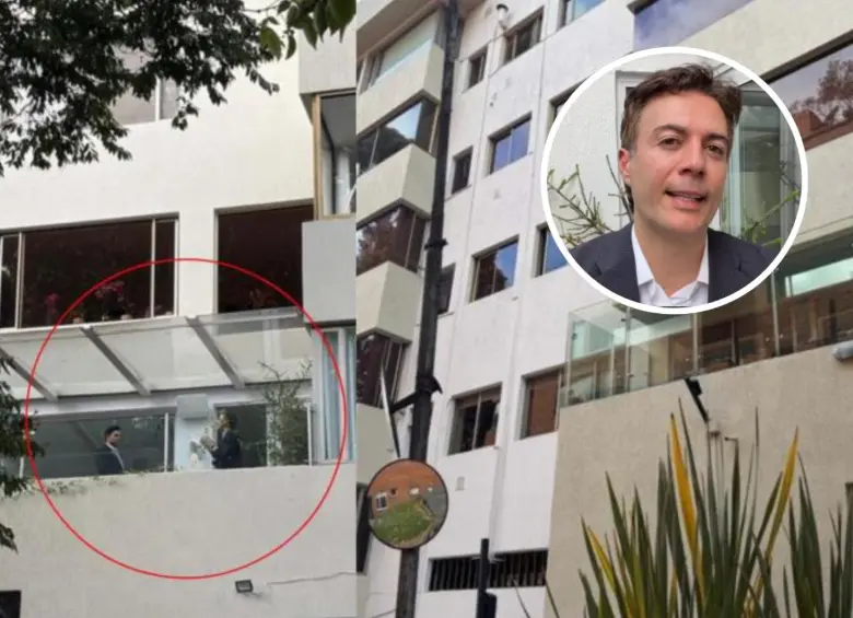 Daniel Quintero y su exsecretario de Gobierno, Esteban Restrepo, en el edificio donde está ubicado el apartamento que figura como domicilio de las cuatro empresas. Foto: EL COLOMBIANO