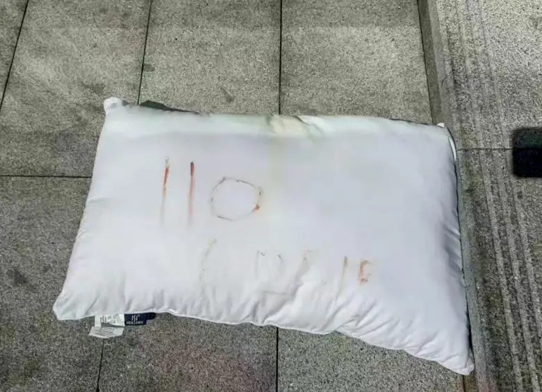 Una de las almohadas con sangre que usó la mujer. FOTO: CAPTURA DE VIDEO