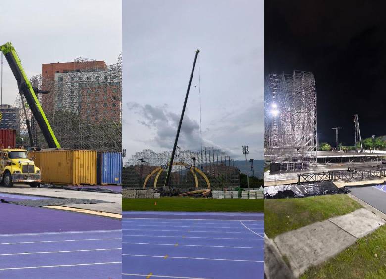 Estas son algunas de las imágenes del montaje del escenario sobre la renovada pista de atletismo Alfonso Galvis, en el que se ven grúas, camiones y contenedores que comprometerían, según los deportistas, el tapete del escenario. FOTOS: CORTESÍA CIUDAD SUR