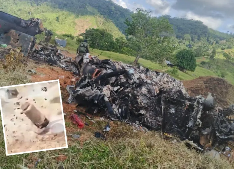 Un cilindro bomba (detalle), que había sido sembrado por los integrantes del frente 36 de las disidencias de las Farc, fue activado para provocar la explosión de la aeronave. FOTOS: CORTESÍA Y TOMADA DE NOTICIAS CARACOL