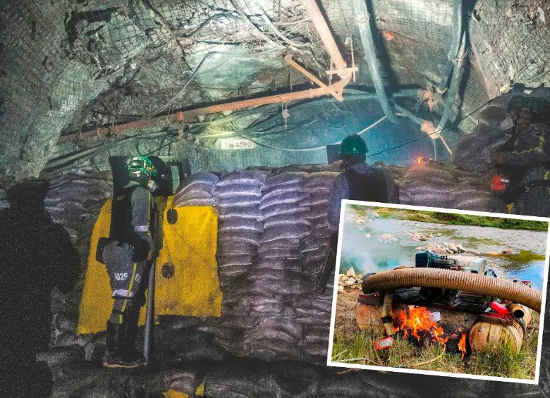 En Buriticá, la guerra por tener el control de la explotación del oro se libra bajo tierra entre las autoridades y funcionarios de la Zijin Continental Gold y el Clan del Golfo. Por su parte, las autoridades continúan quemando maquinaria, dragas y dragones en Antioquia, en una labor que se califica como insuficiente en medio de la prosperidad aurífera. FOTO: JULIO CÉSAR HERRERA Y CORTESÍA EJÉRCITO NACIONAL