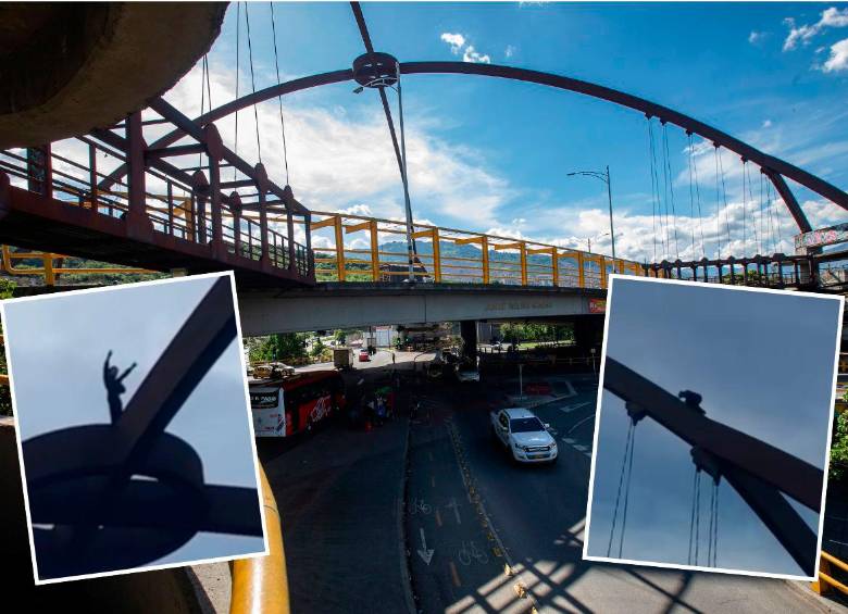 Este hombre, al parecer habitante de calle, se montó a la parte más alta de la estructura del puente y luego se bajó como si nada. Todo ante la mirada y el temor de los transeúntes. FOTOS: ESNEYDER GUTIÉRREZ Y CORTESÍA