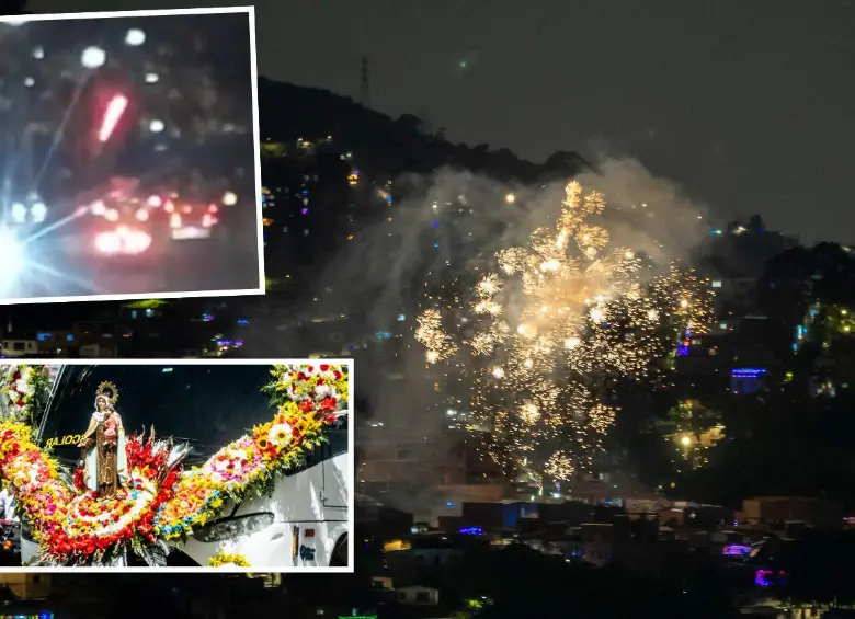 En el marco de las celebraciones de la Virgen del Carmen se presentaron lanzamientos de pólvora en la noche de este jueves, principalmente, en el sur del Valle de Aburrá. Uno de los hechos se presentó en una caravana de taxistas en la calle 30 con la avenida Industriales (detalle superior). FOTOS: EL COLOMBIANO Y CORTESÍA
