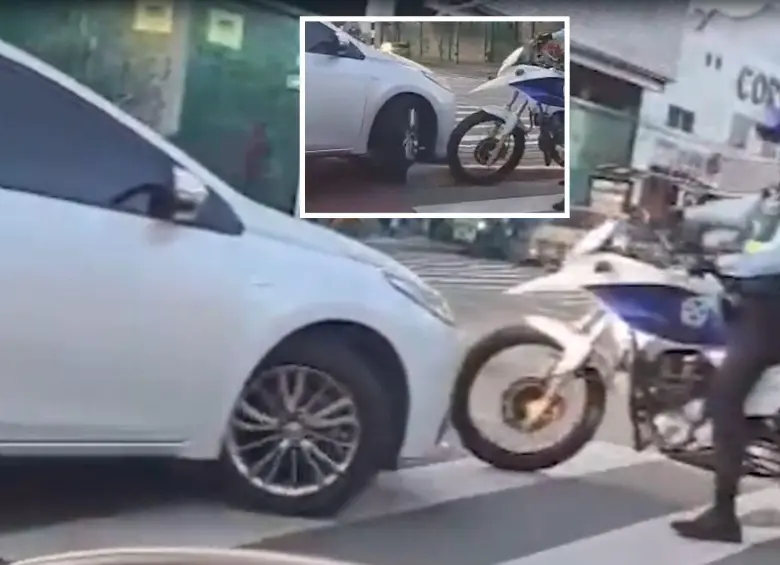 El conductor de este carro invadió el carril de metroplús en la avenida Oriental y en la calle 30 y luego de una persecución fue interceptado por agentes de la Secretaría de Movilidad de Medellín. FOTOS: CORTESÍA