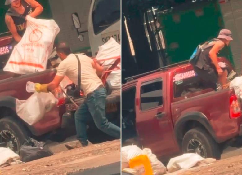 Estos fueron los momentos en los que quedaron captadas las dos personas tirando escombros en un separador de la avenida Guayabal. FOTO: CORTESÍA