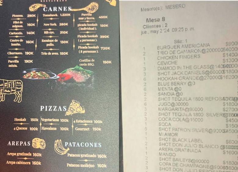 La carta (izq.) contiene los valores de los productos consumidos en la cuenta (der.). El administrador aseguró que el precio se justifica en el tamaño servido. FOTOS: CORTESÍA