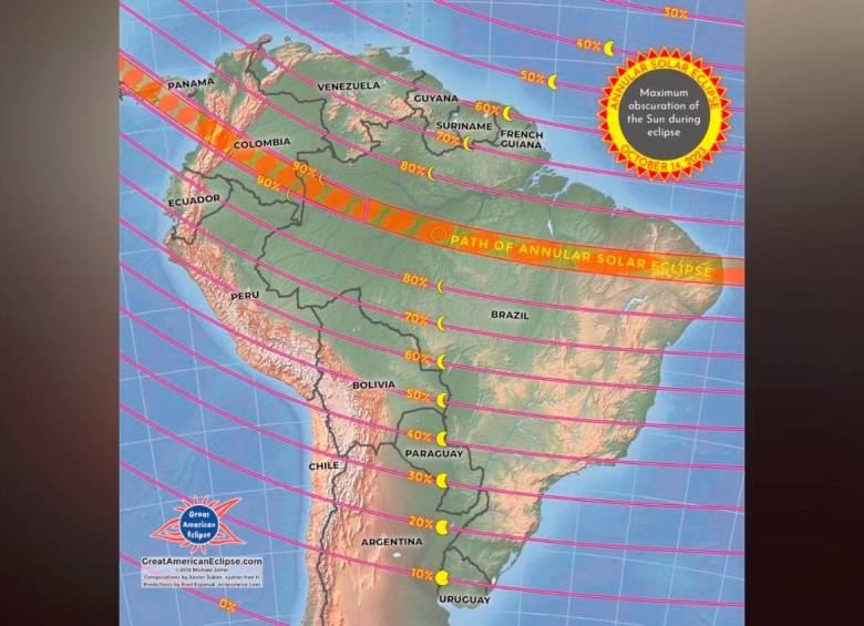 Así ocurrirá este eclipse solar el próximo 14 de octubre en América del Sur, según la Nasa. FOTO: CORTESÍA NASA