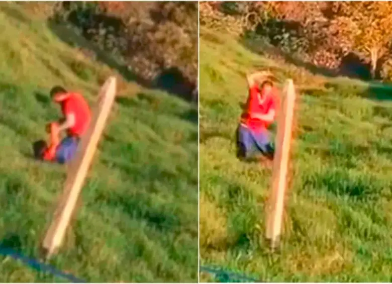 Este fue el momento en el que este hombre de 43 años estaba maltratando a su hijo en una finca de Yarumal. FOTO: TOMADA DE VIDEO