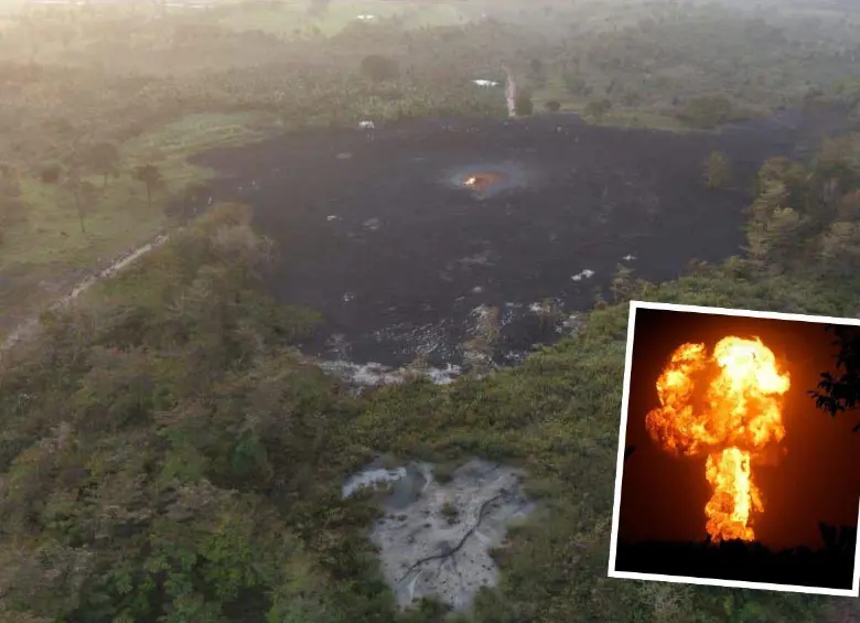 Así quedó la zona donde el volcán de lodo hizo erupción en San Juan de Urabá. A la izquierda, se ve cómo parte del material provocó el cierre de la vía entre este municipio y su corregimiento San Juancito. FOTOS: CORTESÍA ALCALDÍA DE SAN JUAN DE URABÁ