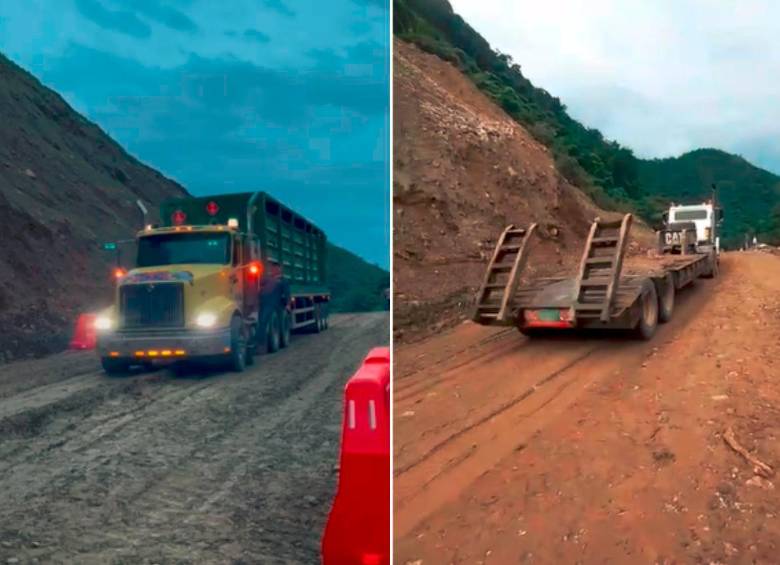 Varios tractocamiones han pasado por la zona de la emergencia en el sector La Barrosa, corregimiento Peñalisa, de Salgar, para probar las condiciones del terrero para decidir si se rehabilita el paso desde este viernes. FOTOS: Cortesía