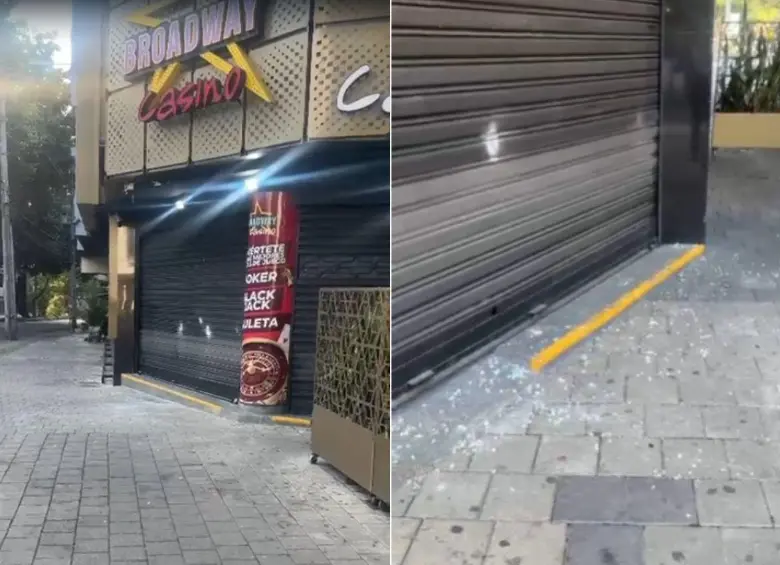 Así quedó el casino en su exterior luego del ataque con el elemento explosivo, aparentemente una granada, el cual fue lanzado desde una motocicleta. FOTOS: CORTESÍA