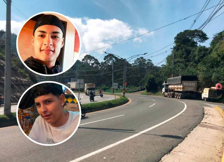 Estiben Alberto López Villa (arriba), de 32 años, y Mateo Cárdenas Arboleda (abajo), quien había cumplido los 18 años hace una semana, fueron baleados en este punto de la variante a Caldas, en jurisdicción de La Estrella. FOTO: LAURA ROSA JIMÉNEZ VALENCIA Y CORTESÍA
