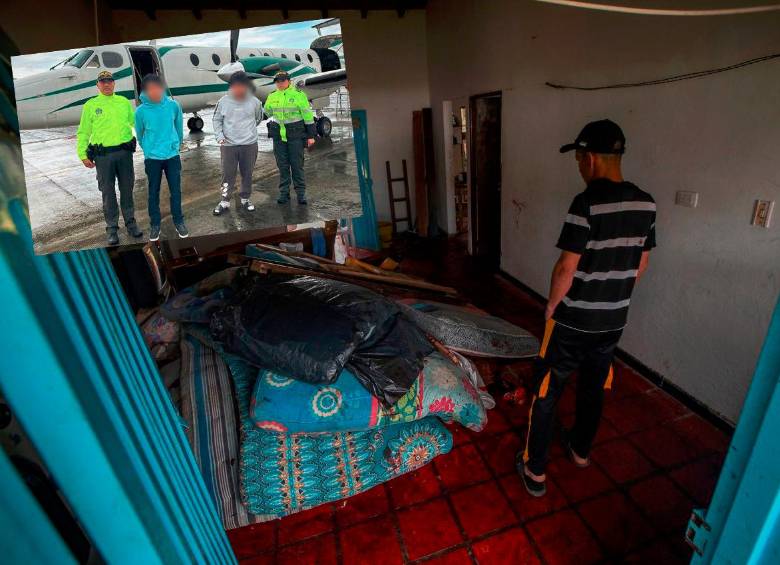 Dentro de esta vivienda de Rionegro ocurrió la masacre por la que fueron condenados alias Salchicha y alias Pipe (detalle), además de alias Camila, integrantes del grupo criminal El Mesa. FOTO: ESNEYDER GUTIÉRREZ CARDONA Y CORTESÍA POLICÍA NACIONAL