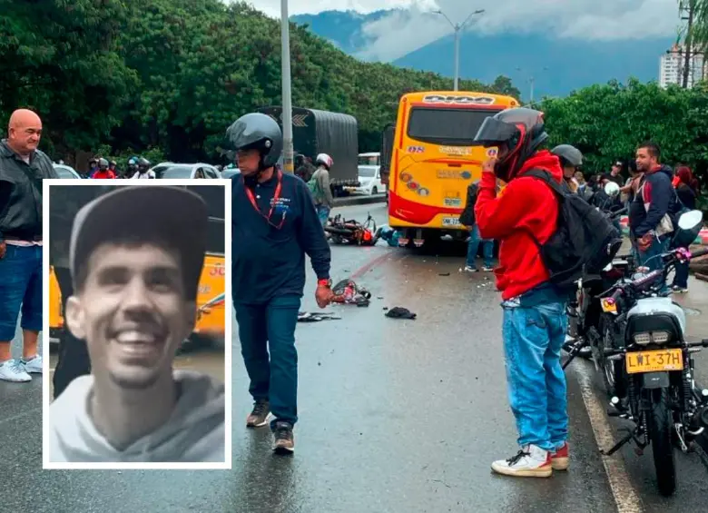 Este accidente, registrado en la mañana de este lunes, dejó dos personas muertas a la altura de la Feria de Ganado. Una de ellas fue Daniel Estrada Gallo (detalle), de 32 años, mientras que el otro fue identificado como Alejandro Pabón Gutiérrez, de 14 años. FOTO: CORTESÍA Y TOMADA DE ITAGÜÍ NOTICIAS