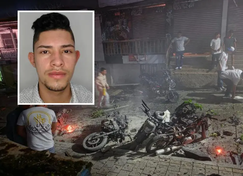 Este ataque, registrado el pasado Viernes Santo en el parque principal de Briceño, que dejó dos policías lesionados, habría sido el límite para que aumentaran la recompensa para dar con la captura de Néider Yesid Uñates López (detalle), alias Primo Gay. FOTOS: CORTESÍA