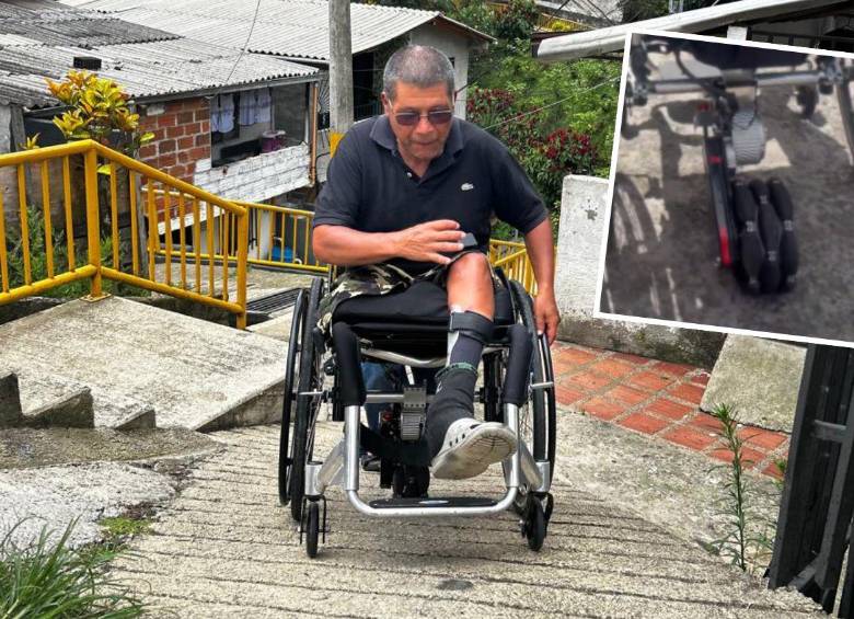 Héctor León Muñoz, de 56 años, pudo cumplir su sueño de poderse mover libremente con su silla de ruedas por las calles de San Antonio de Prado. Un motor con ruedas (detalle) que le adecuaron le permite subir las pendientes más inclinadas. FOTO: FAISURY SÁNCHEZ ARREDONDO