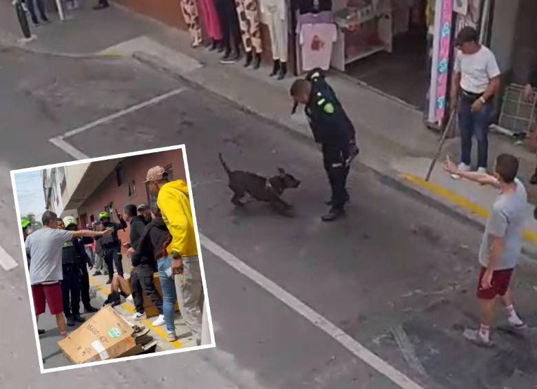El accionar de este uniformado con el perro en la zona central de Rionegro provocó una asonada por parte de la comunidad indignada. FOTOS: CORTESÍA