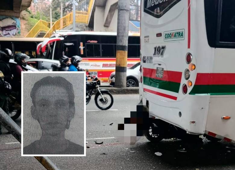 El motociclista, identificado como Dany Dubán Hoyos Oquendo (detalle), de 25 años, quedó atrapado en la parte trasera del bus que cubría la ruta Copacabana-Medellín y tuvo que ser rescatado por personal del Cuerpo de Bomberos de Medellín. FOTO: CORTESÍA