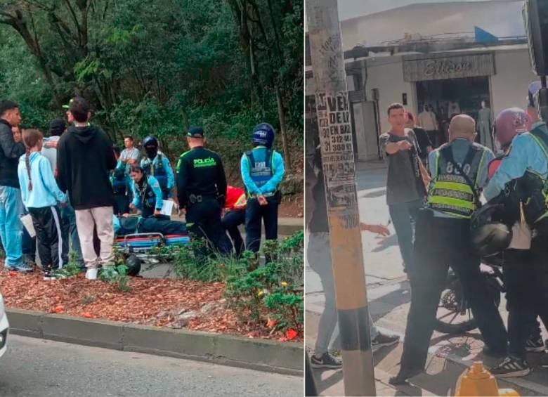 En la agresión a un guarda en Bello (izq), el uniformado tuvo que ser hospitalizado debido a las lesiones en la cabeza, mientras que en Medellín (der), dos guardas fueron agredidos por otro motorizado. FOTOS: CORTESÍA