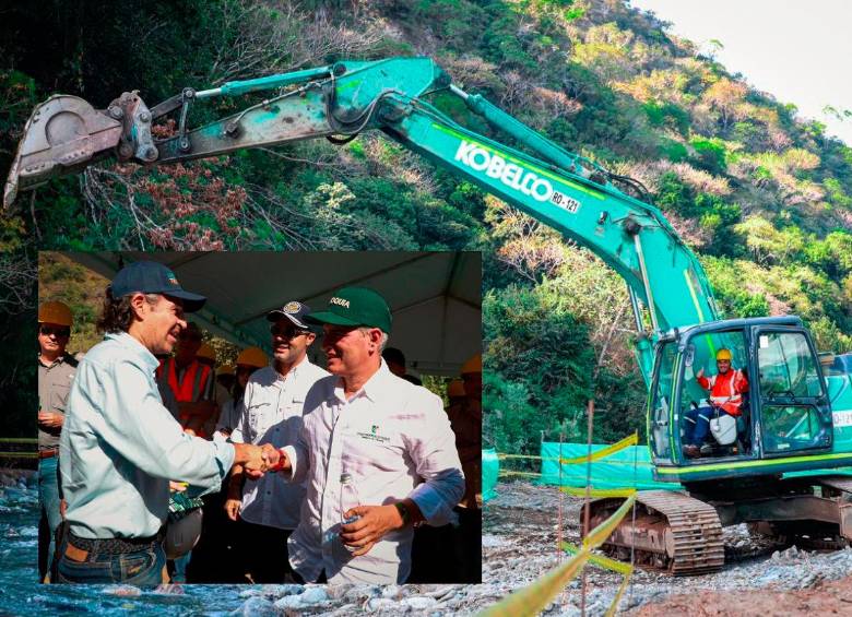 La reactivación de las obras tuvo lugar en una montaña ubicada a las orillas del río Tonusco, en donde se excavará un túnel de un kilómetro, hecho que anunciaron conjuntamente el gobernador de Antioquia, Andrés Julián Rendón, y el alcalde de Medellín, Federico Gutiérrez. FOTO: Cortesía