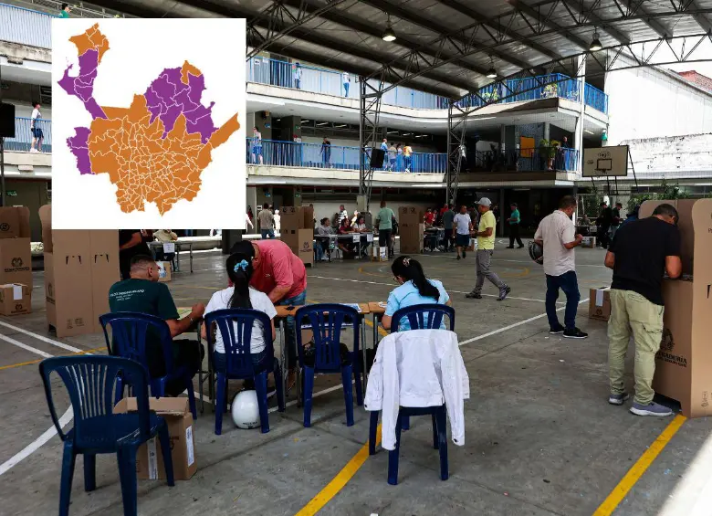 Los antioqueños ratificaron su preferencia por el candidato de derecha en la mayoría del departamento (naranja). Subregiones como el Urabá, el Nordeste, Norte y el Bajo Cauca (púrpura) hubo municipios en los que la preferencia fue por Iván Cepeda. FOTO: MANUEL SALDARRIAGA.
