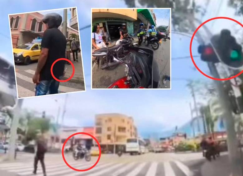 En las imágenes quedó registrado la imprudencia del motorizado, cómo lo intimida con un cuchillo y la presencia de los agentes de tránsito de Bello. FOTO: CORTESÍA TOMADA DE VIDEO