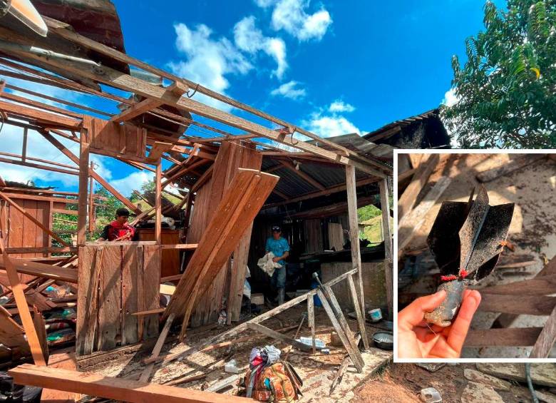 Así quedó la casa atacada con granadas de mortero (detalle) lanzadas desde drones en una vereda de Remedios, Antioquia. FOTO: CORTESÍA