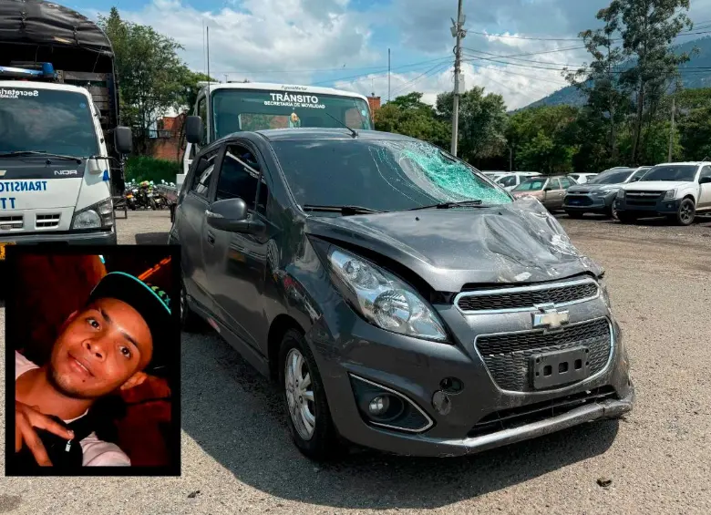 Este era el vehículo conducido por Diego Armando Castañeda Carvajal, de 26 años, que le provocó la muerte a Julián Andrés Carvajal Monzón (detalle), de 28 años, quien estaba trabajando en las reparaciones del metro en El Poblado. FOTOS: CORTESÍA