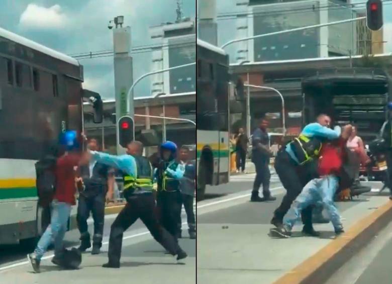 En las imágenes se captan dos de los momentos de la agresión entre el agente de tránsito y el motociclista infractor. FOTOS: CORTESÍA